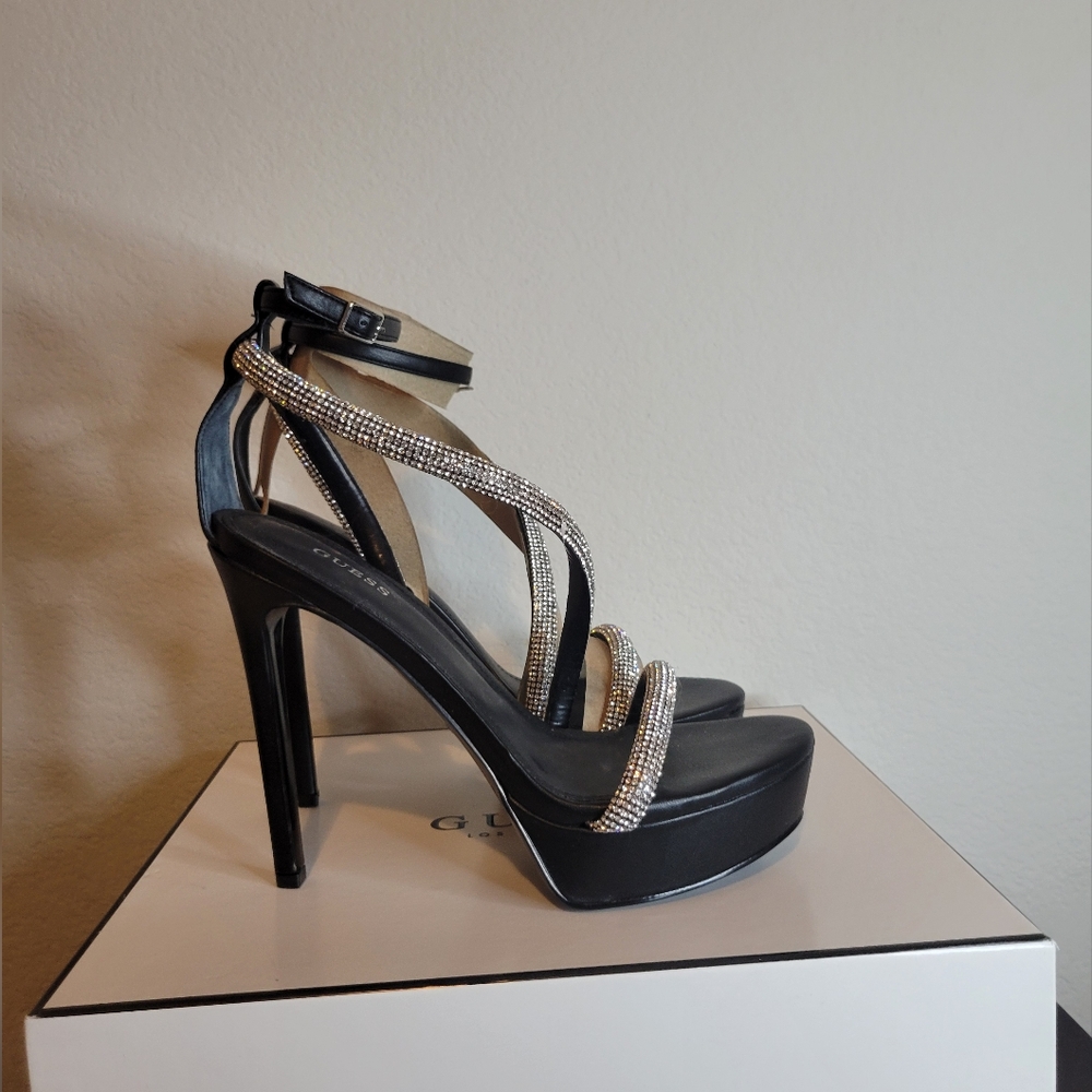 Guess Black and Silver Stiletto Heels with Geometric Straps